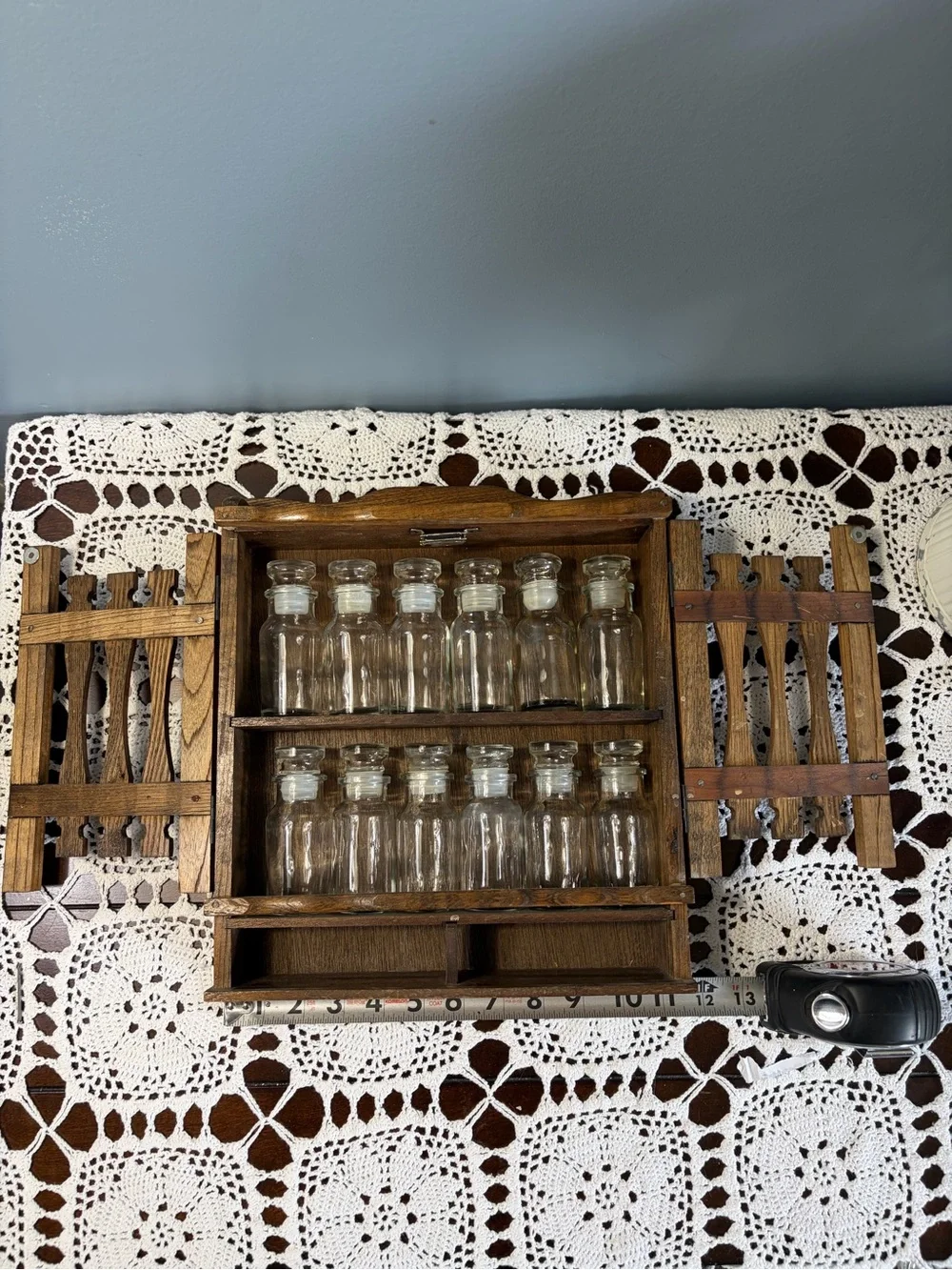 Vintage Wooden Kitchen Spice Rack Cabinet with Glass Jars/Lids